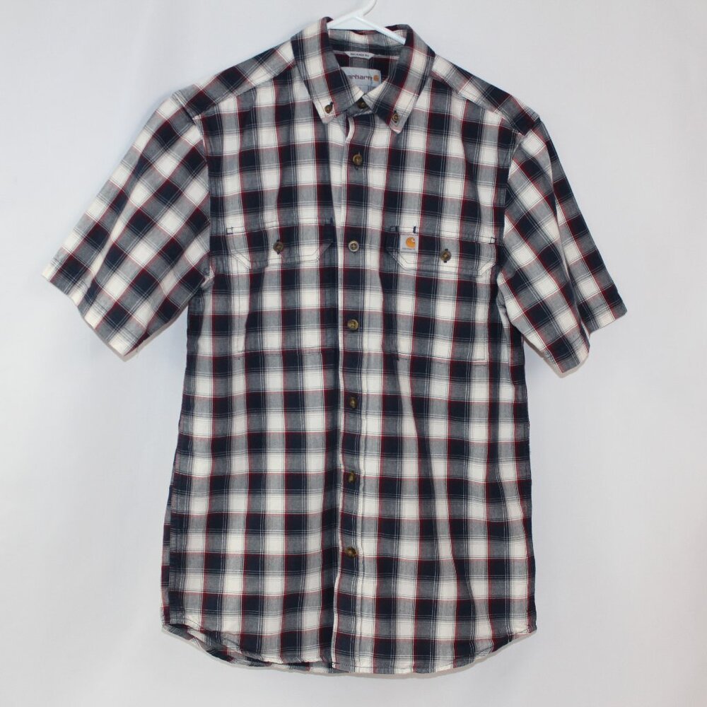 Carhartt Men’s Relaxed Fit Short Sleeve Button-up Shirt Blue & White Plaid Size‎